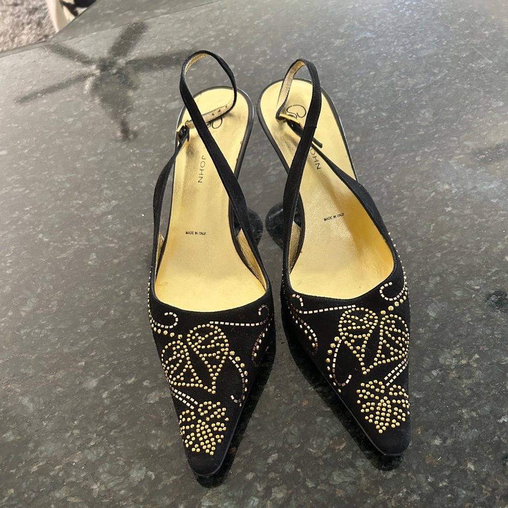 St John black suede leather sling back heels w/gold 9 1/2B